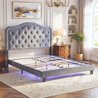 Sunvega King Size Upholstered Platform Bed with Button Tufted Linen Headboard