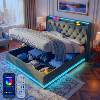 Sunvega Full Size Upholstered Bed with 360 LED Lighting Hydraulic Storage and USB Charging