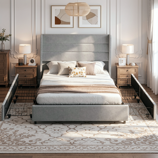 Sunvega Upholstered Full Size Bed Frame with Headboard and Storage Drawers