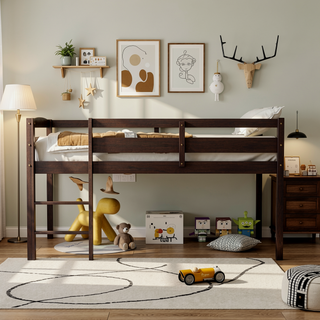 Sunvega Low Twin Wood Loft Bed with Ladder in Walnut for Kids Bedroom