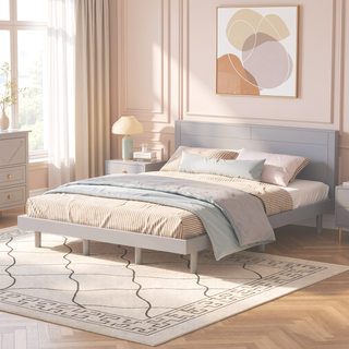 Sunvega Modern Floating Platform Bed Frame in Walnut with Sturdy Wood Construction