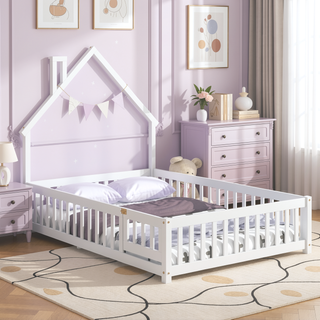 Sunvega Full Size House Shaped Headboard Floor Bed with Safety Fence Guardrails