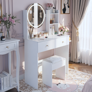 Sunvega 17 Inch Round LED Vanity Table Set with Cushioned Stool Touch Control 3 Colors