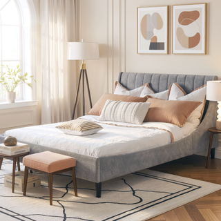 Sunvega Handmade Vertical Tufted Headboard Platform Bed Set in Light Beige Linen