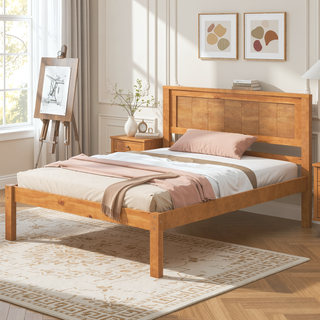 Sunvega Sturdy Wood Platform Bed Frame with Headboard for Queen Size Oak Finish