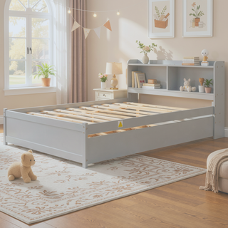 Sunvega White Twin Trundle Bed with Storage Headboard and Bookcase