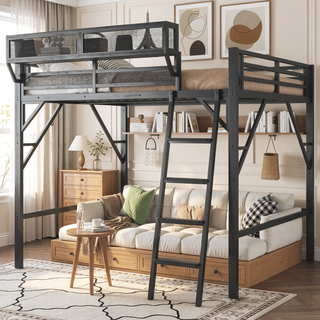 Sunvega Full Metal Loft Bed with Storage Shelf and Ladder for Kids Teens
