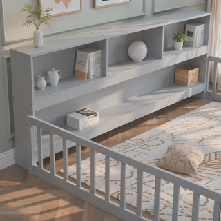 Sunvega Twin Floor Bed with Bedside Bookcase Guardrails and Shelves in Grey