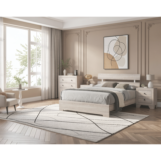 Sunvega Rustic Contemporary Platform Bed Frame with White Wash Finish and Slat Headboard
