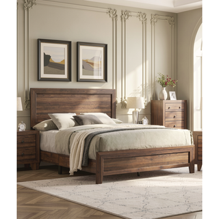 Sunvega Brown Cherry Finish Contemporary Fabric Panel Bed in One Box