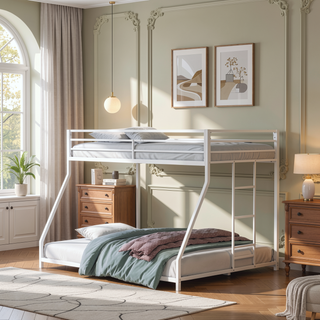 Sunvega Twin Over Full Low Bunk Bed with Reversible Ladder in Matte White Finish