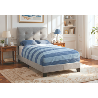 Sunvega Twin Size Upholstered Bed Frame in Grey Linen Look for Youth Bedroom