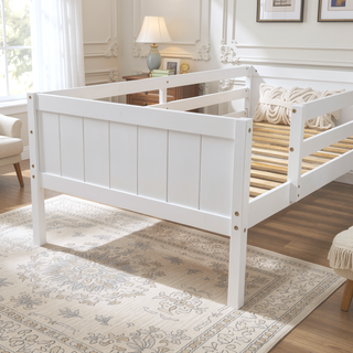 Sunvega White Full Size Low Loft Wood Bed with Convertible Left or Right Ladder