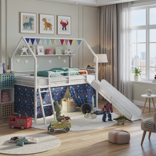 Sunvega Marvel Superhero Metal Twin Loft Bed with Slide and Curtain Set