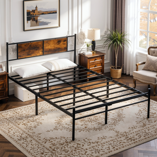 Sunvega Twin Size Metal Bed Frame with Wood Panel Headboard and Under Storage