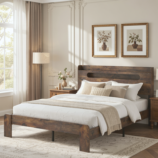 Sunvega Queen Wood Platform Bed Frame with Storage Headboard and 2 USB Ports