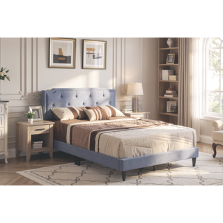 Sunvega Full Bed with Chic Tufted Headboard and Vibrant Blue Hue in One Box