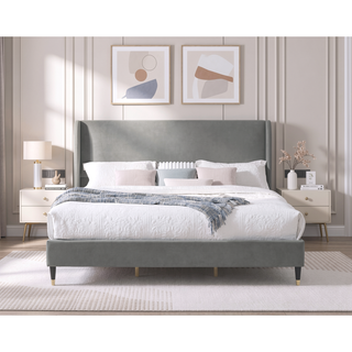 Sunvega King Beige Velvet Wingback Platform Bed with Low Profile Design