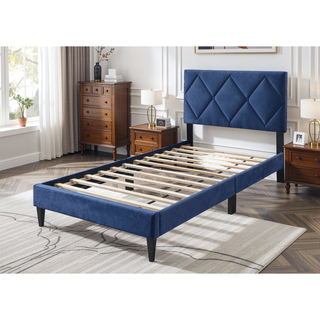 Sunvega Adjustable Velvet Upholstered Twin Bed with 12 Slat Support System