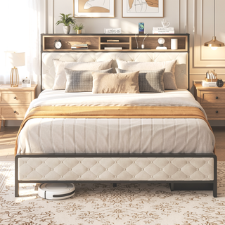 Sunvega Queen Size Bed Frame with Charging Station Storage Headboard and Footboard