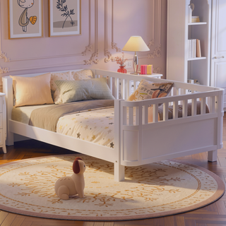 Sunvega White Twin Wood Platform Bed for Kids with Safety Rails and Low Profile
