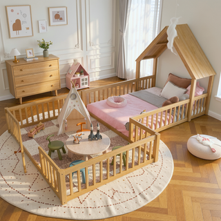 Sunvega Full Size House Floor Bed with Door and Full-Length Guardrails for Kids