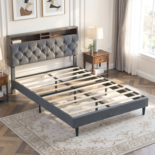 Sunvega Queen Size Upholstered Platform Bed Frame with USB Ports and Storage Headboard