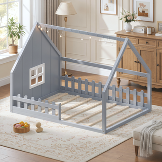 Sunvega Full Size Wood House Bed with Fence Window and LED Lights