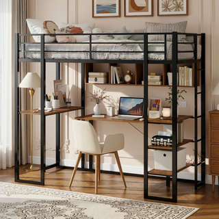 Sunvega Iron Frame Bunk Bed with L-Shaped Desk Stairs on Both Sides for Kids