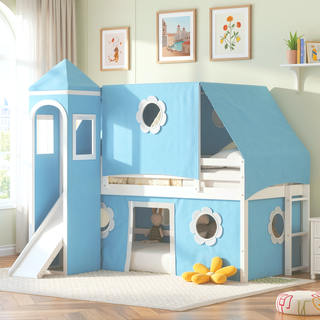 Sunvega Twin Size Loft Bed with Slide Blue Tent and Playhouse Tower for Kids