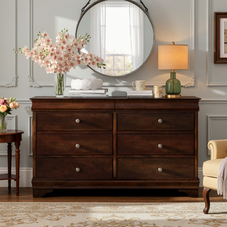 Sunvega Brown Cherry Finish Louis Phillipe Style 6 Drawer Dresser with Hidden Jewelry Storage