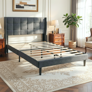 Sunvega Modern Upholstered Platform Bed Frame with Button Tufted Linen Headboard