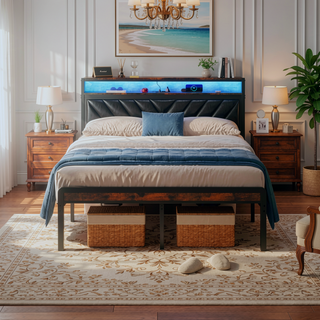 Sunvega Full Size Metal Platform Bed Frame with Adjustable Upholstered Headboard and RGB LED Lights