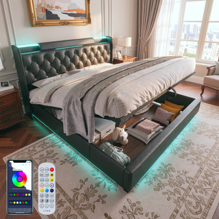Sunvega Full Size Upholstered Bed with 360 LED Lighting Hydraulic Storage and USB Charging