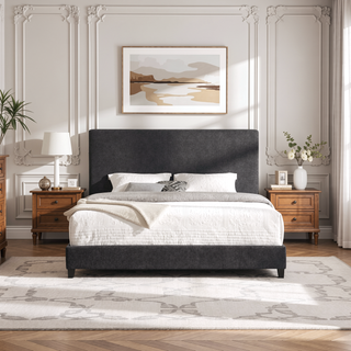Sunvega King Size Charcoal Grey Upholstered Platform Bed with Padded Headboard