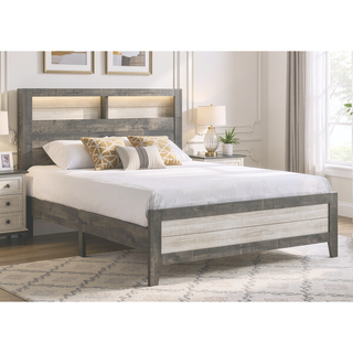 Sunvega King Size Platform Storage Bed with Plank-style Headboard and Built-in Lighting