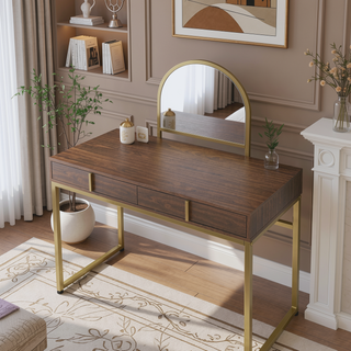 Sunvega White and Gold Vanity Desk with Mirror and Jewelry Storage Tray