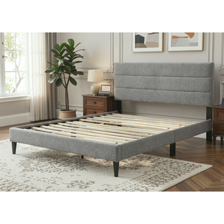 Sunvega Queen Upholstered Pleated Bed in a Box with Sturdy Dark Brown Frame
