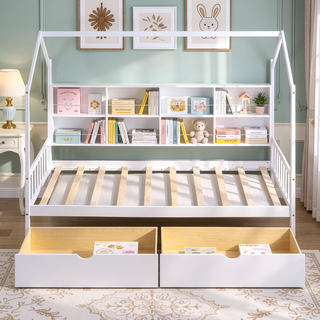 Sunvega White Twin Size Wooden House Bed with 2 Storage Drawers and Shelf
