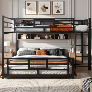 Sunvega L-Shaped Metal Twin Over Full Bunk Bed with Guard Rails