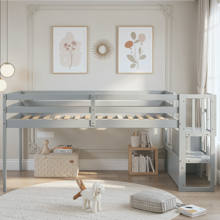 Sunvega Grey Pine Wood Loft Bed with Staircase and Storage Steps