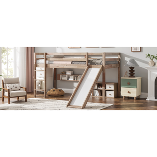 Sunvega Grey Twin Low Loft Bed with Slide, Ladder, and Safety Guardrails