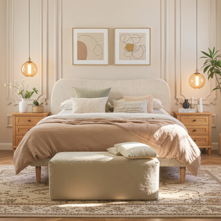 Sunvega King Upholstered Platform Bed with Curved Headboard in Oatmeal Chenille