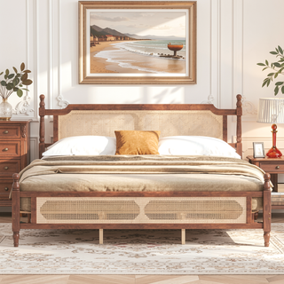 Sunvega King Pine Wooden Bed with Rattan Headboard and Footboard, Walnut