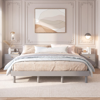 Sunvega Modern Floating Platform Bed Frame in Walnut with Sturdy Wood Construction