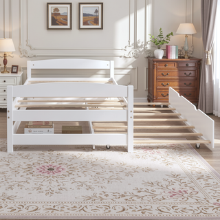 Sunvega White Twin Size Platform Bed with Trundle and Headboard Footboard