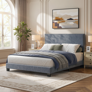 Sunvega Plush Velvet Upholstered Platform Bed with Nailhead Trim and Padded Headboard
