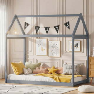 Sunvega Twin Size Gray Wooden House Bed with Eaves Design for Kids Room