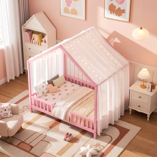 Sunvega Full Size House Bed with Canopy and High Railings for Kids Room