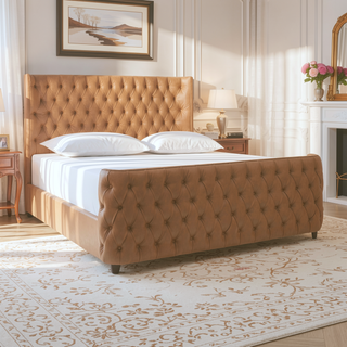 Sunvega Brooklyn King Tufted Panel Bed Headboard and Footboard Set in Caramel Tan Brown